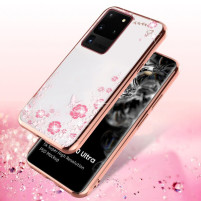 Луксозен силиконов гръб ТПУ ултратънък с 3D камъни и златисто розов кант за Samsung Galaxy S20 Ultra G988 розови цветя